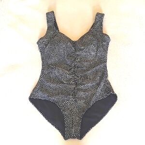 Byron Blue Australia One Piece Swimsuit. Black and White Ruched. Size 10.